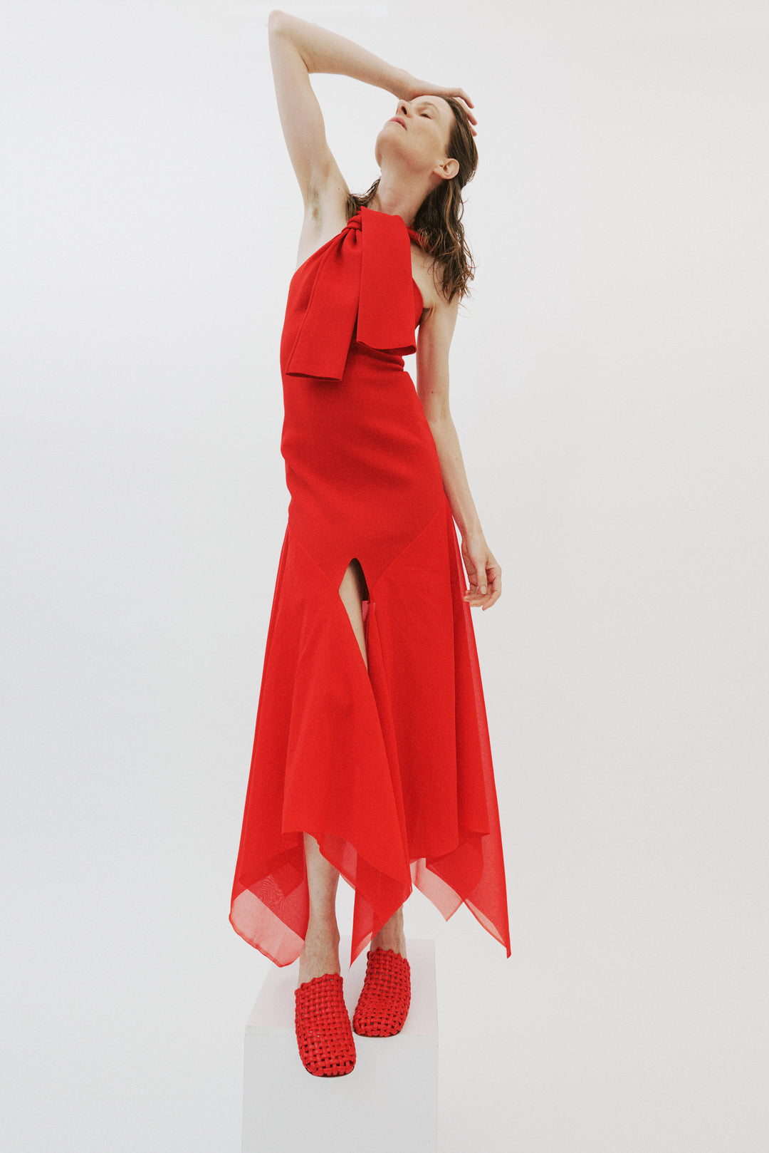 Knit Dress With Organza Inserts Red