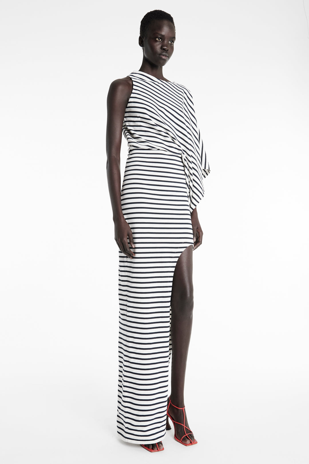 Asymmetric Maxi Dress With Cut Out Navy Ecru Stripe