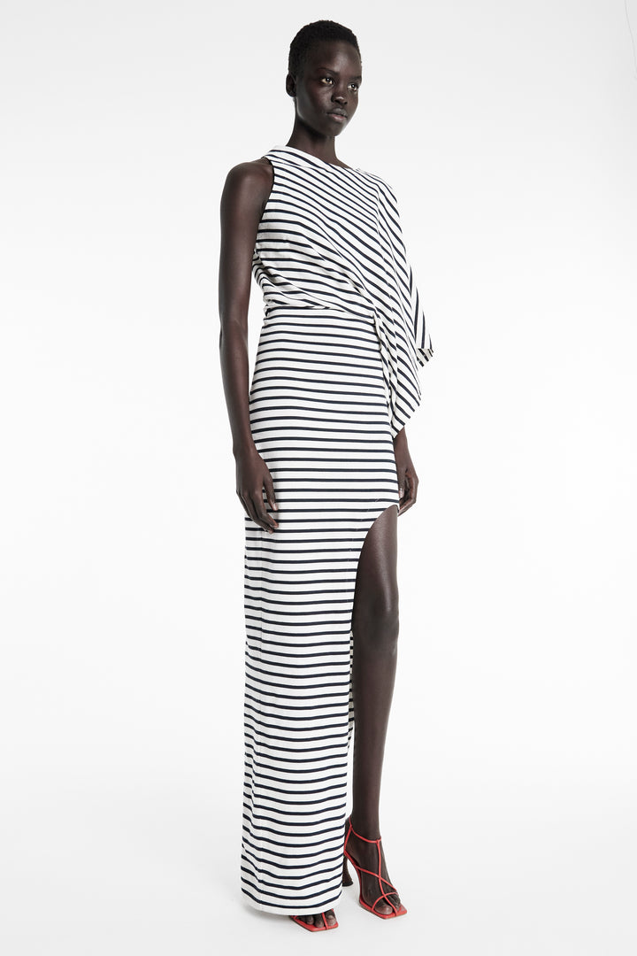 Asymmetric Maxi Dress With Cut Out Navy Ecru Stripe