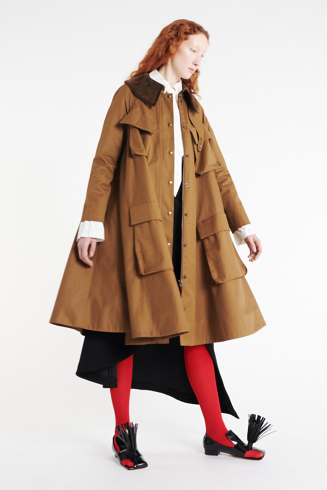 Long Flared Trench With Pockets Khaki Brown