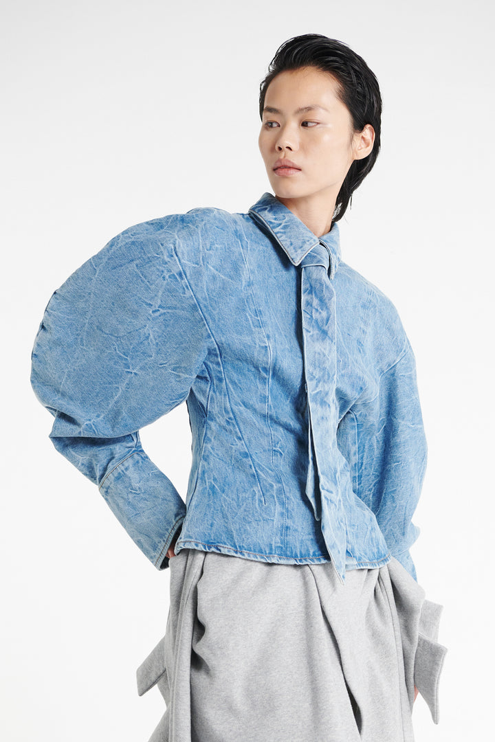 Acid Wash Denim Puff Sleeve Shirt Indigo Acid Wash