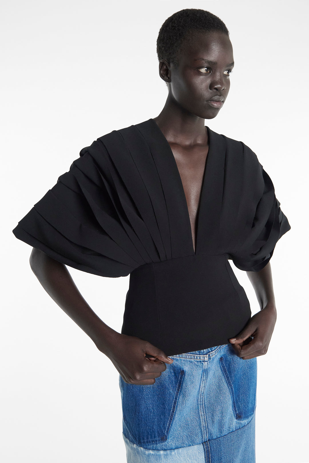 Multi Panel Deep V-Neck Top Black