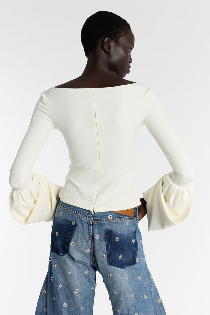 Top With Square Decollete And Puff Cuffs Ivory