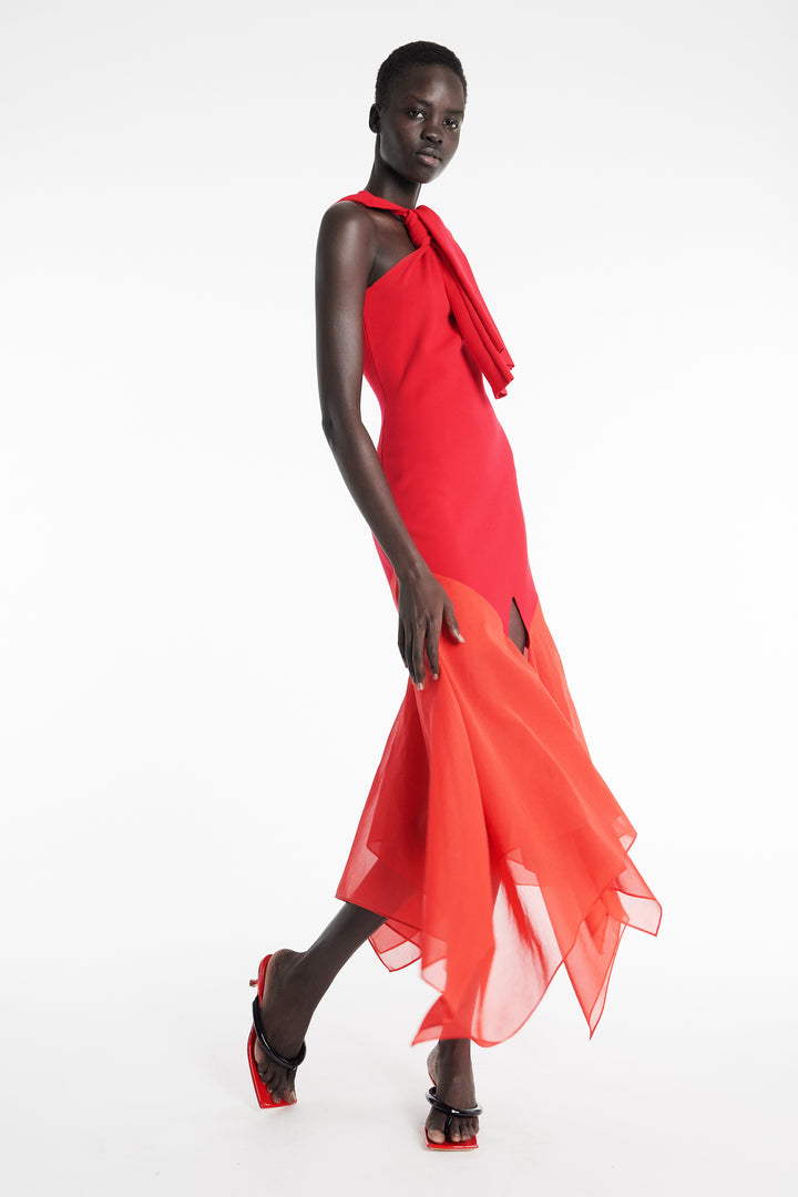 Knit Dress With Organza Inserts Red