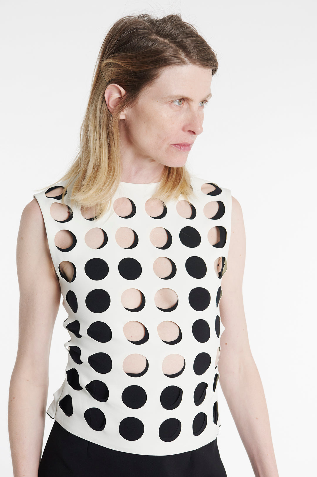 Top With Layered Circular Cutouts White Black