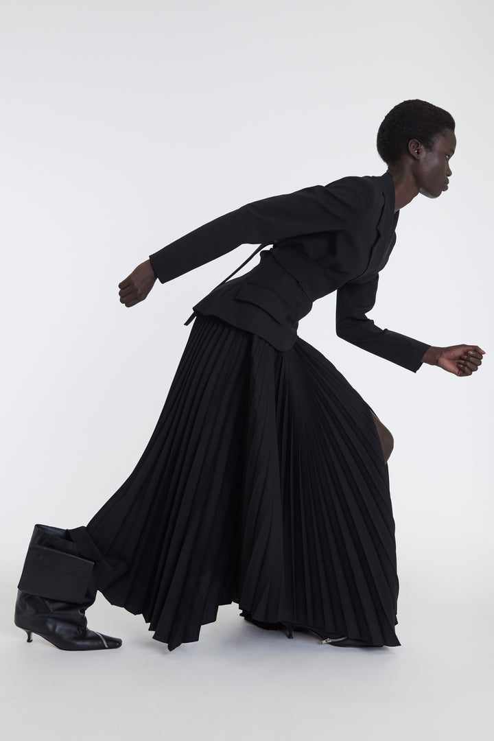 Maxi Pleated Asymmetric Skirt With Basque Detail Black