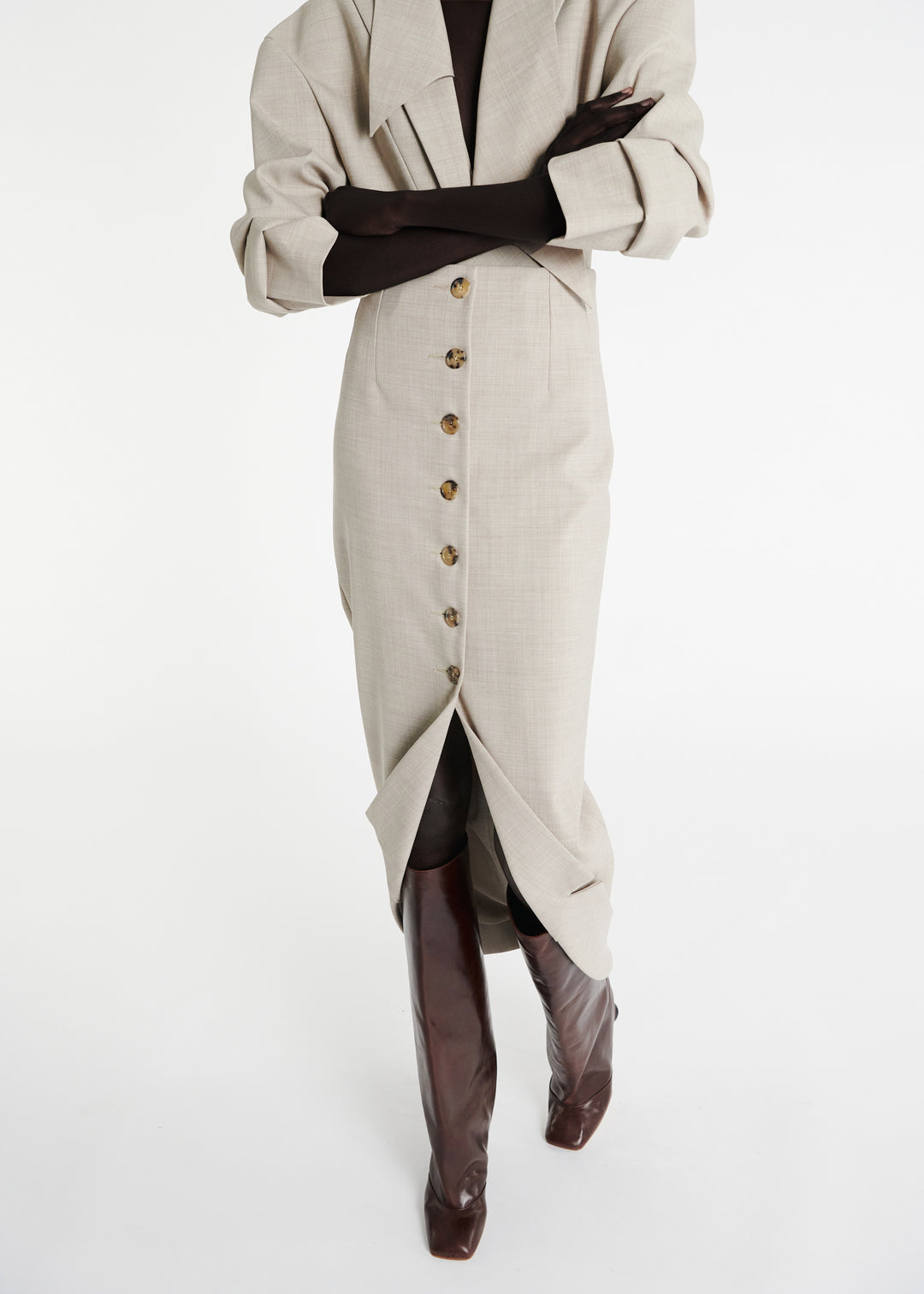 Tailored Skirt With Jacket Collar At Hem Beige Melange