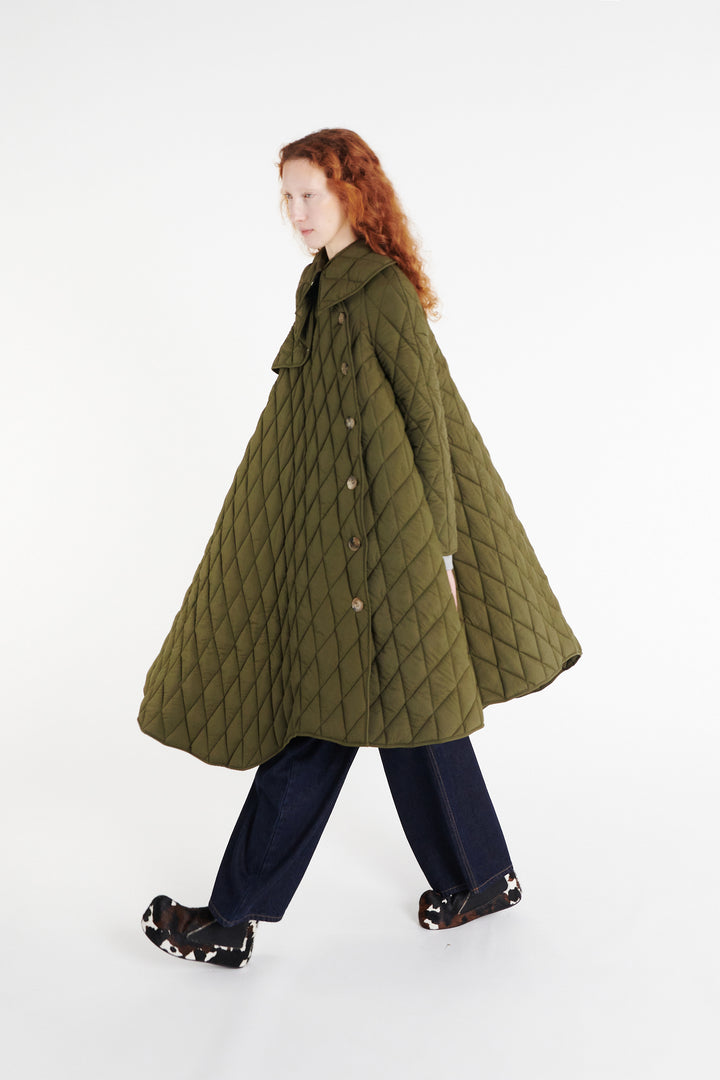 Long Quilted Trench Dark Khaki Green