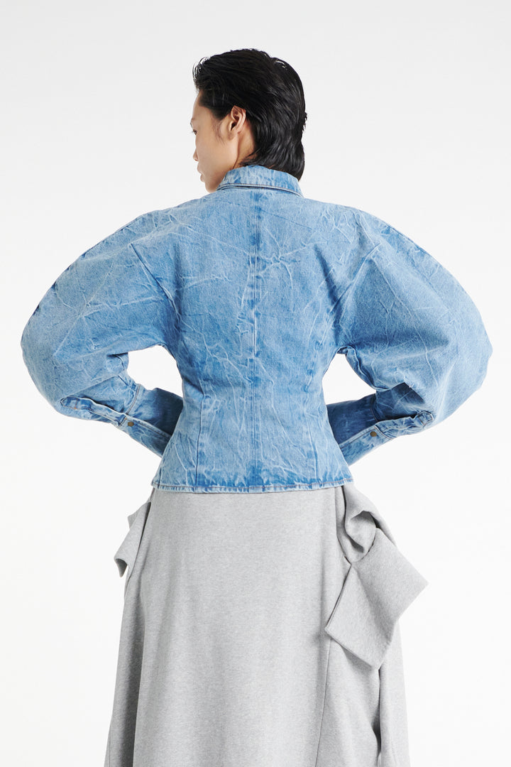 Acid Wash Denim Puff Sleeve Shirt Indigo Acid Wash