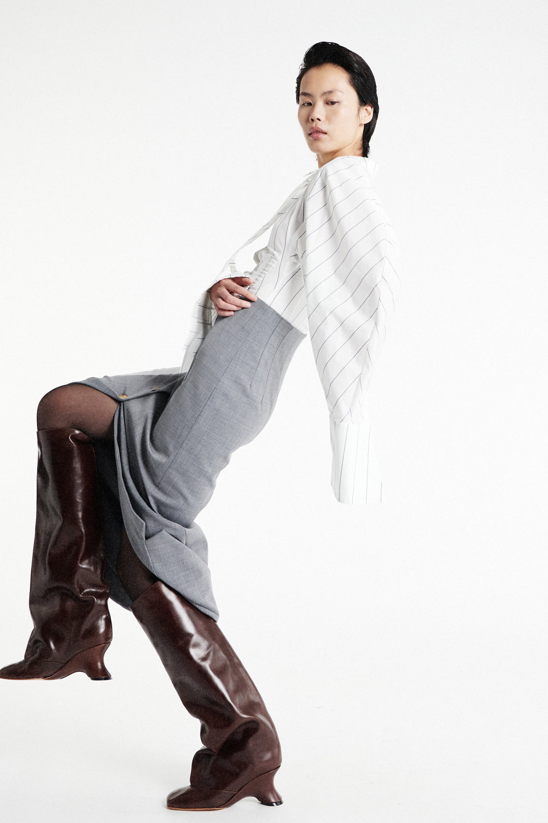 Tailored Skirt With Jacket Collar At Hem Grey Melange