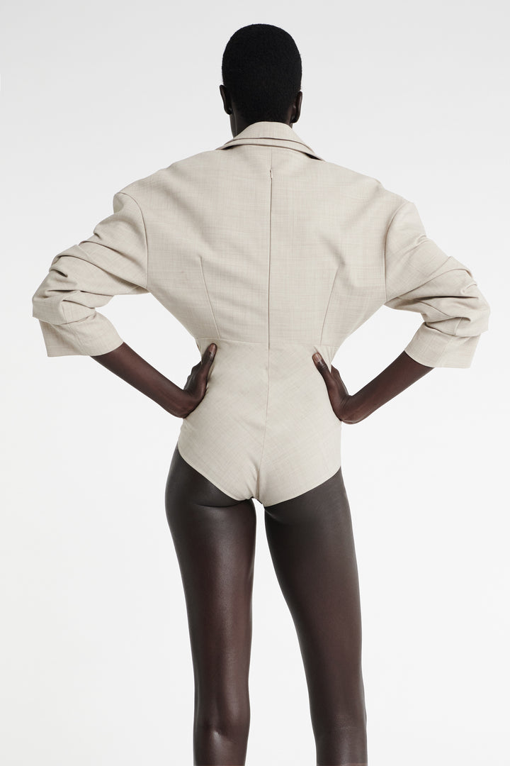 Tailored Bodysuit With Shirt Collar Insert Beige Melange
