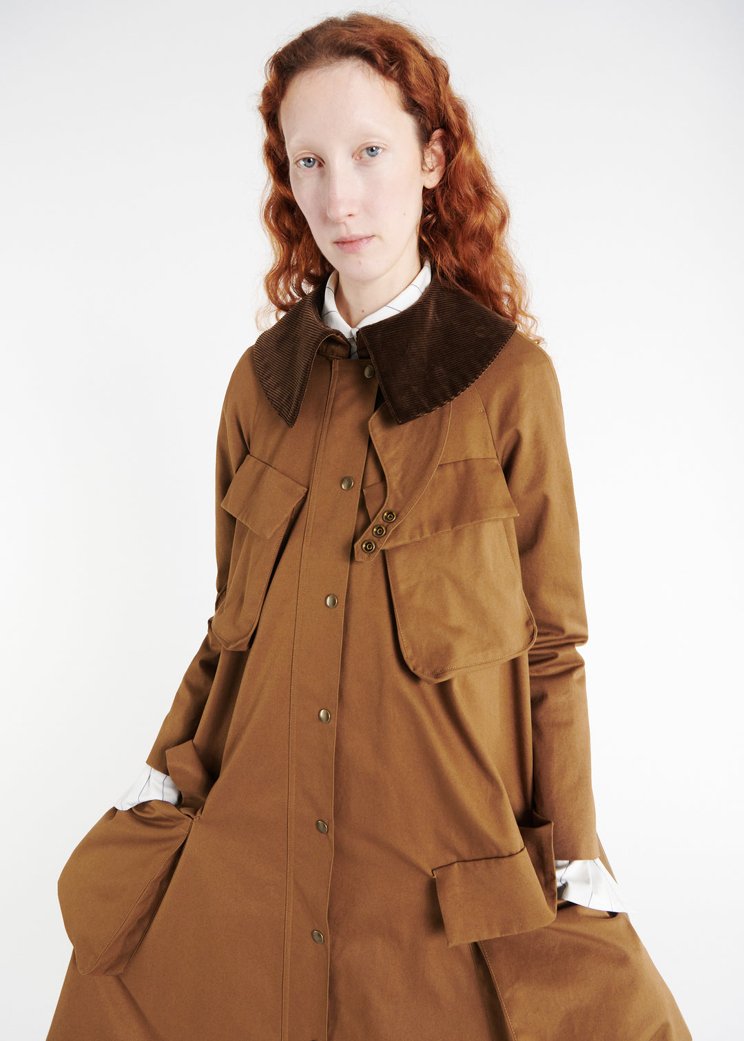 Long Flared Trench With Pockets Khaki Brown