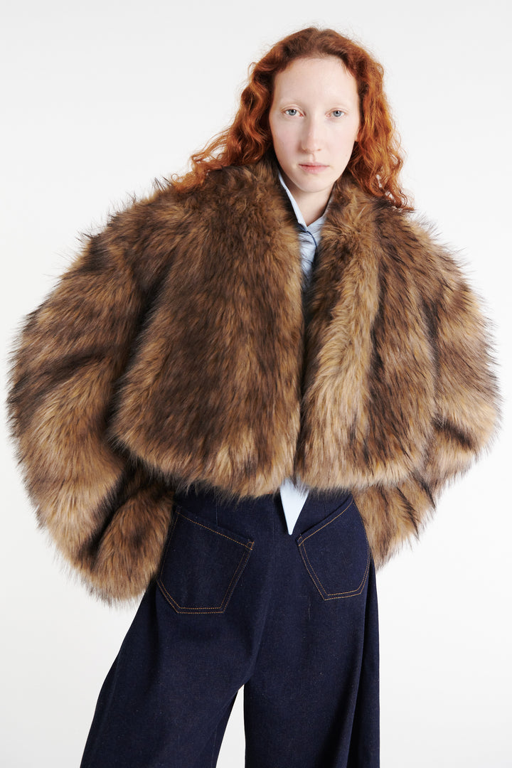 Rounded Sleeve Cropped Faux Fur Jacket Brown