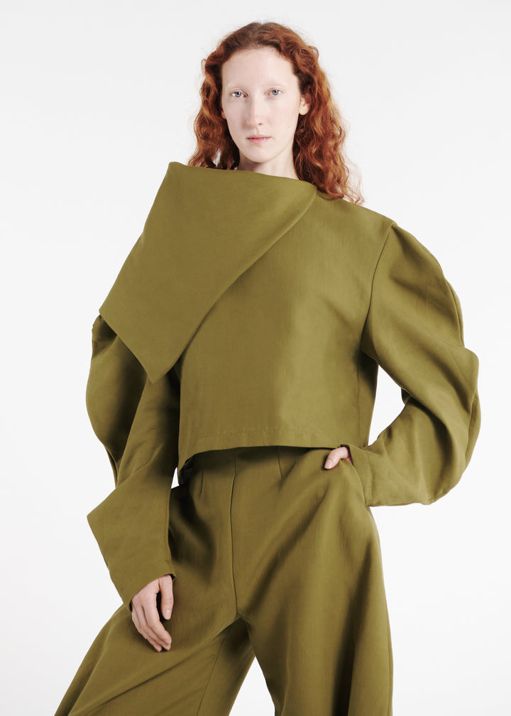 Draped Collar Top Khaki Green