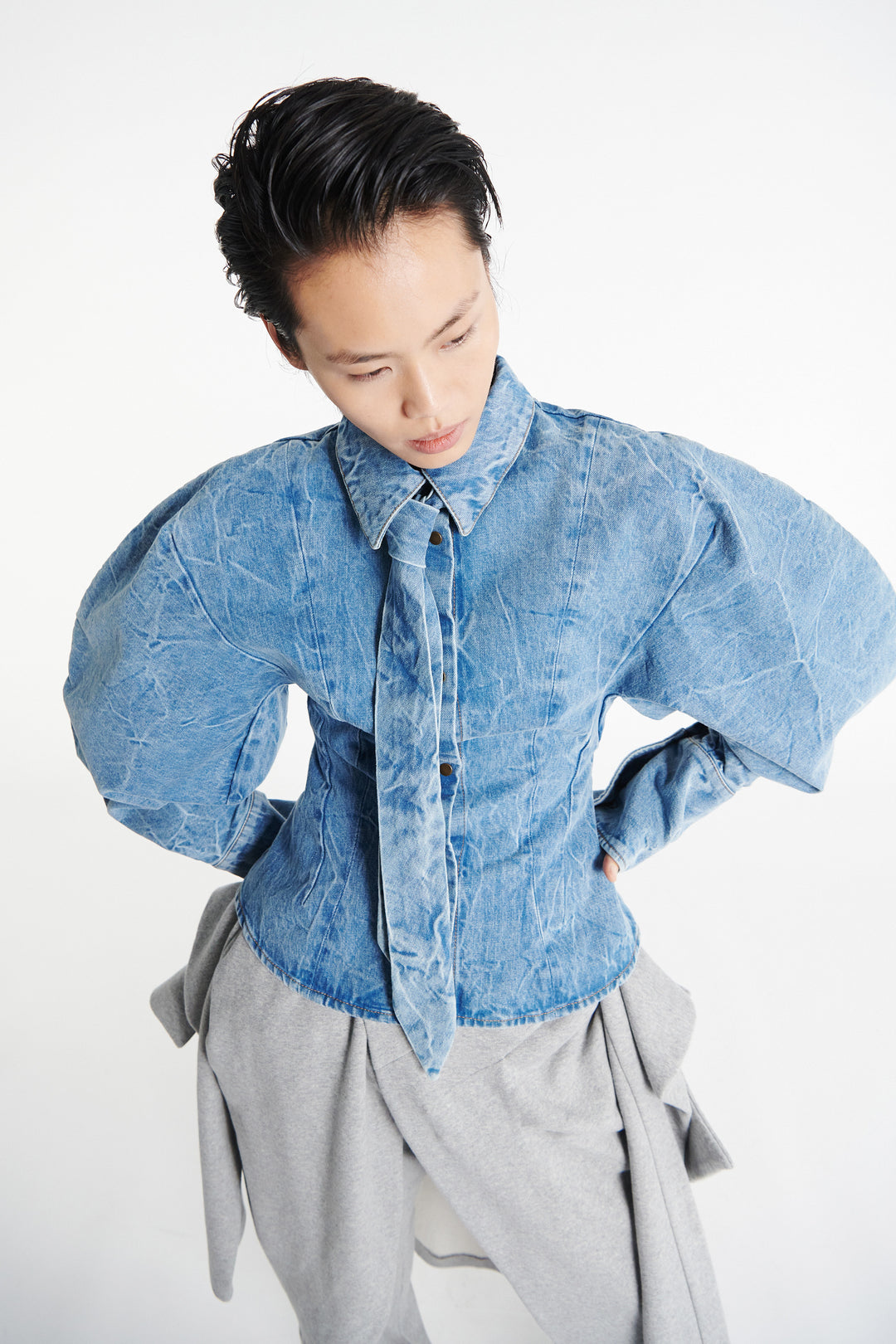 Acid Wash Denim Puff Sleeve Shirt Indigo Acid Wash