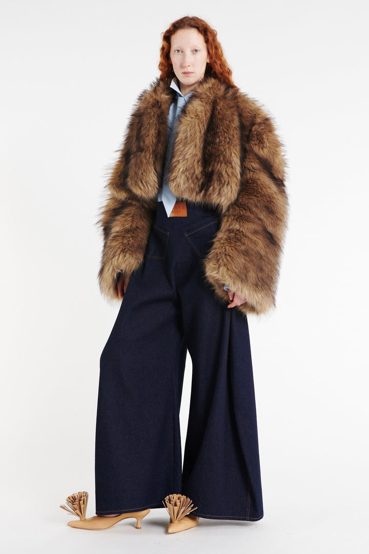 Rounded Sleeve Cropped Faux Fur Jacket Brown