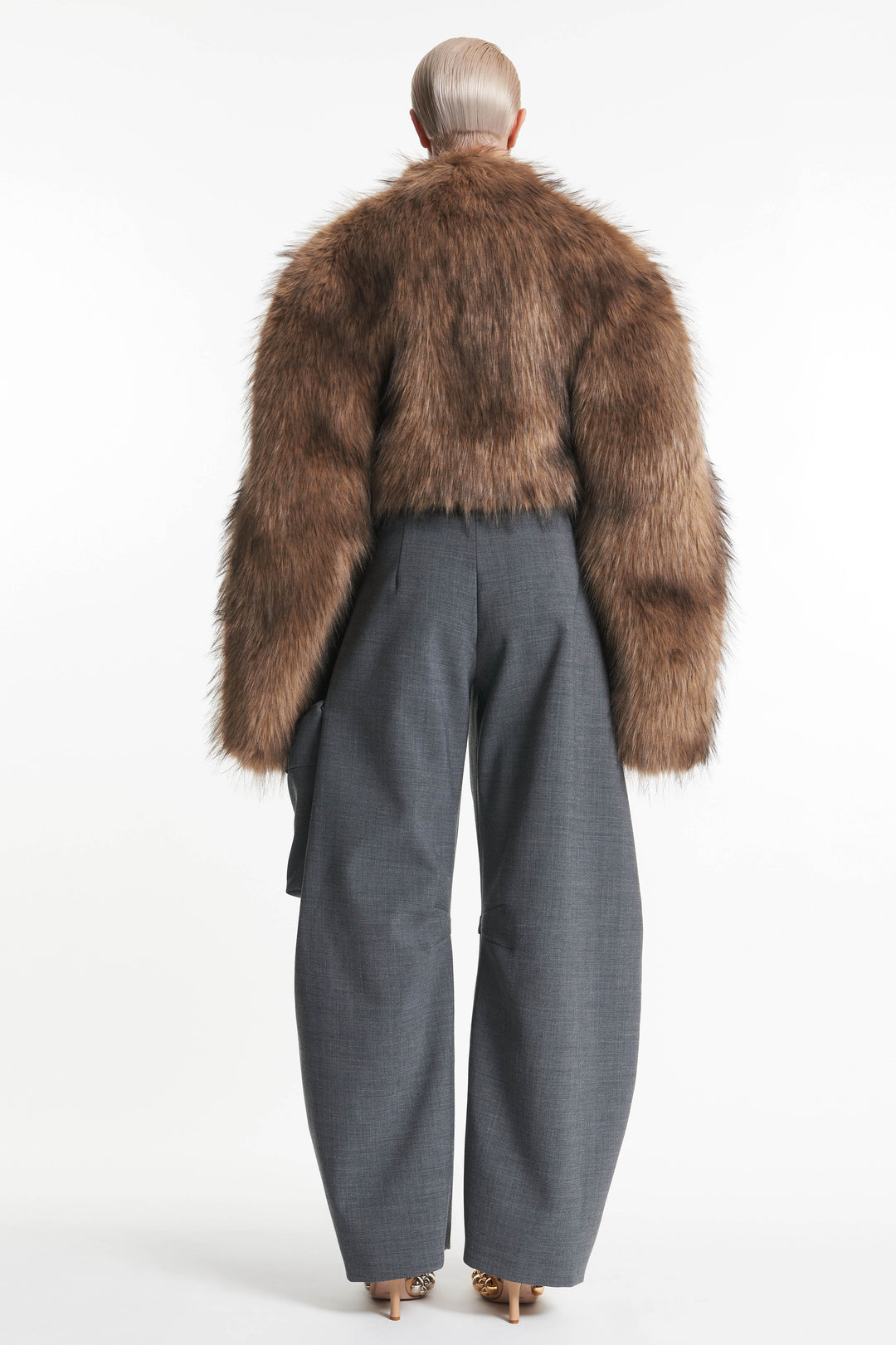 Rounded Sleeve Cropped Faux Fur Jacket Brown