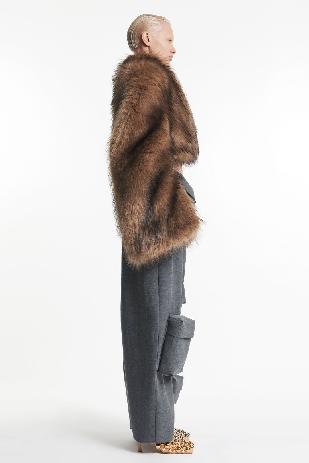 Rounded Sleeve Cropped Faux Fur Jacket Brown