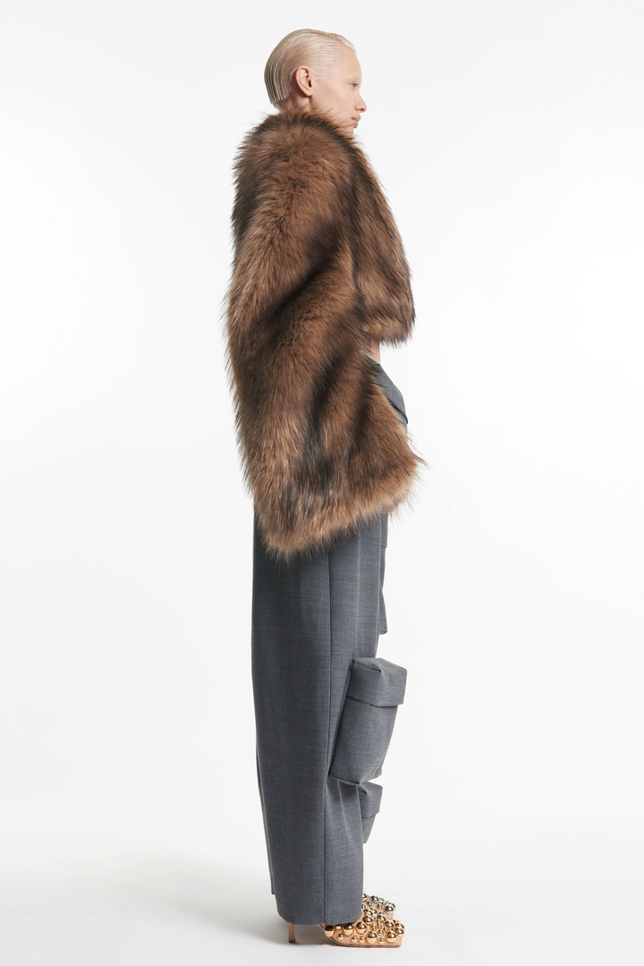 Rounded Sleeve Cropped Faux Fur Jacket Brown