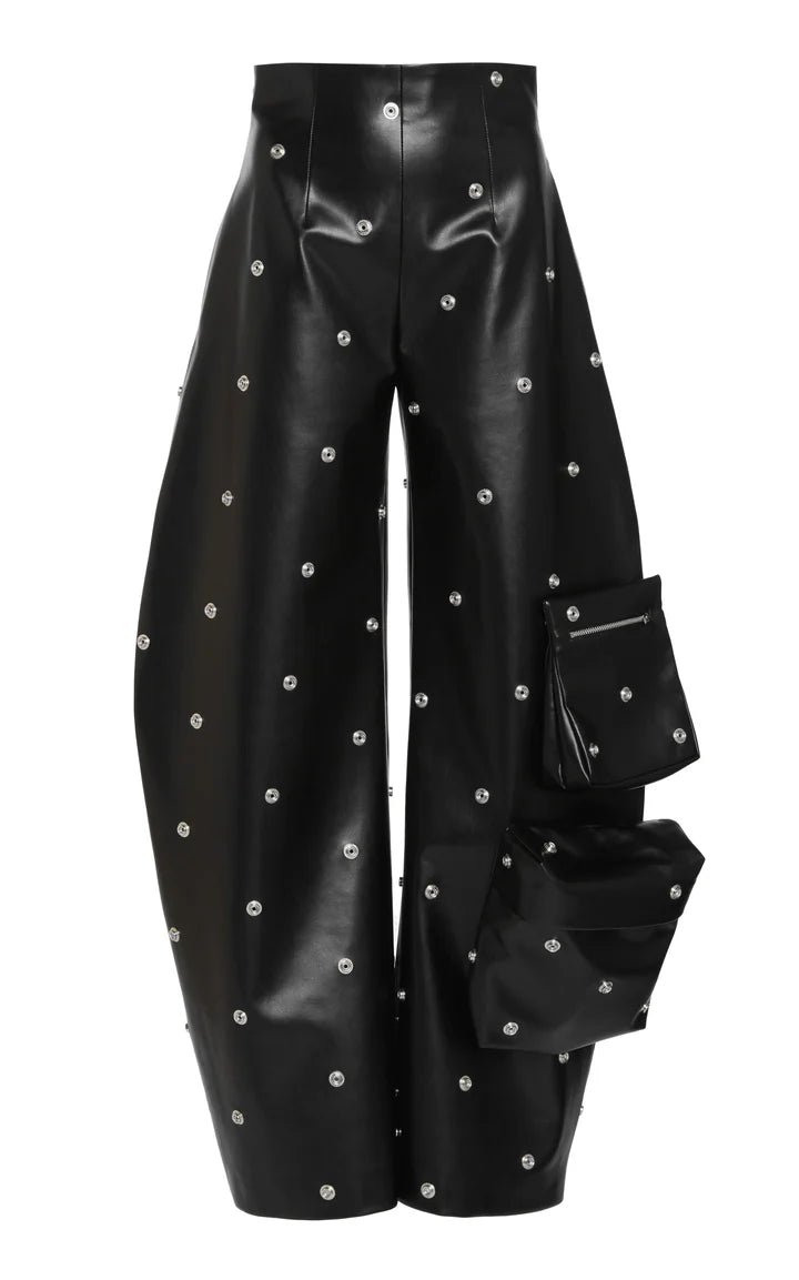 Faux Leather Stud Trouser With Snap-On Pockets Black