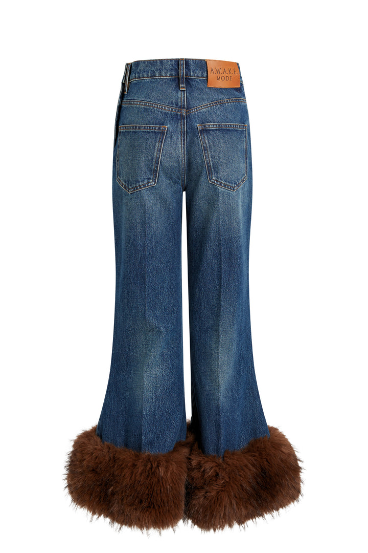 Cropped Flared Trousers With Faux Fur Hem Classic Blue Wash