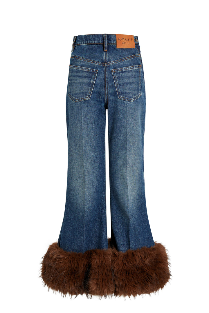 Cropped Flared Trousers With Faux Fur Hem Classic Blue Wash