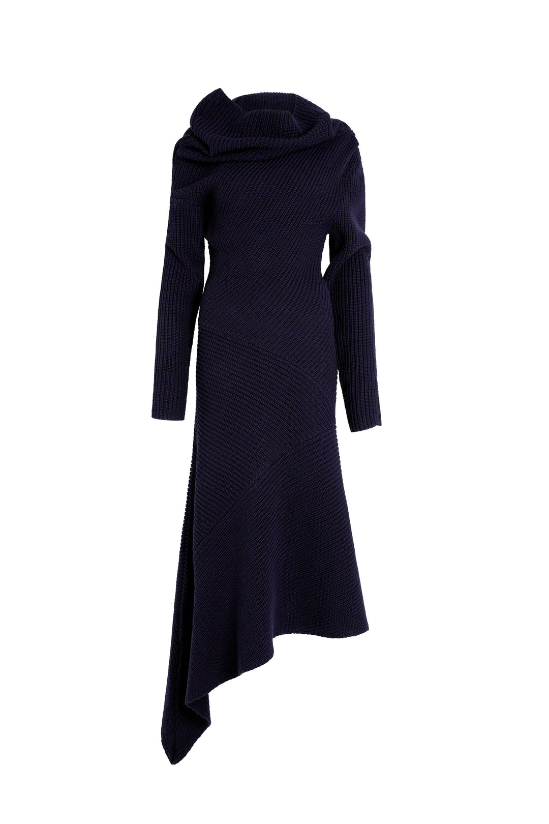 Knitted Patchwork Rib Dress With High Neck Navy