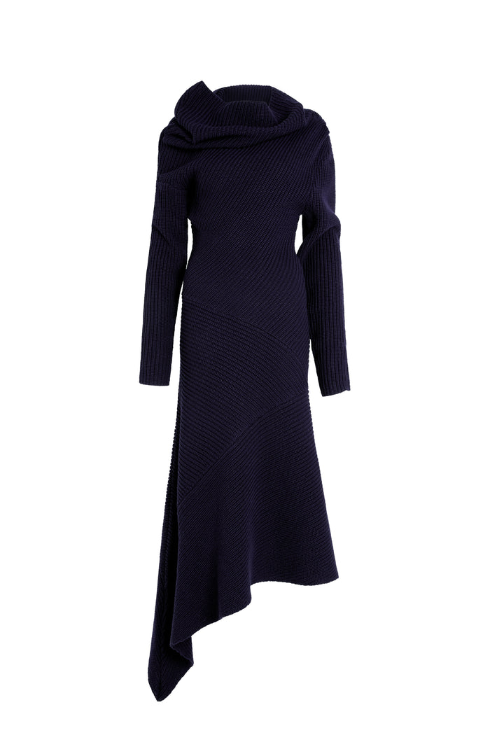 Knitted Patchwork Rib Dress With High Neck Navy