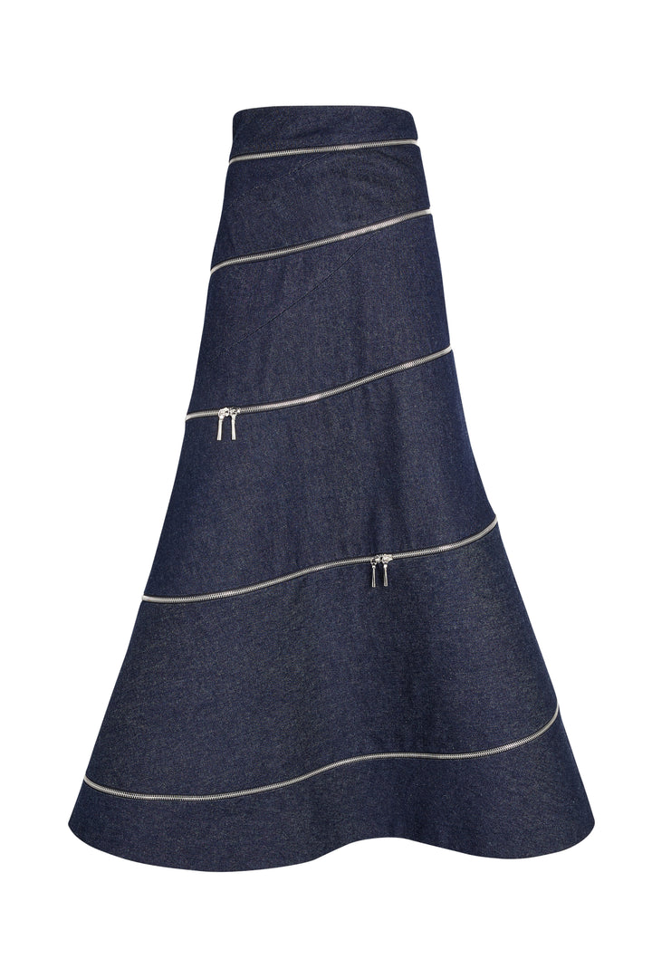 Denim High Waisted Multi Strap Skirt With Zips Indigo Rinse Wash