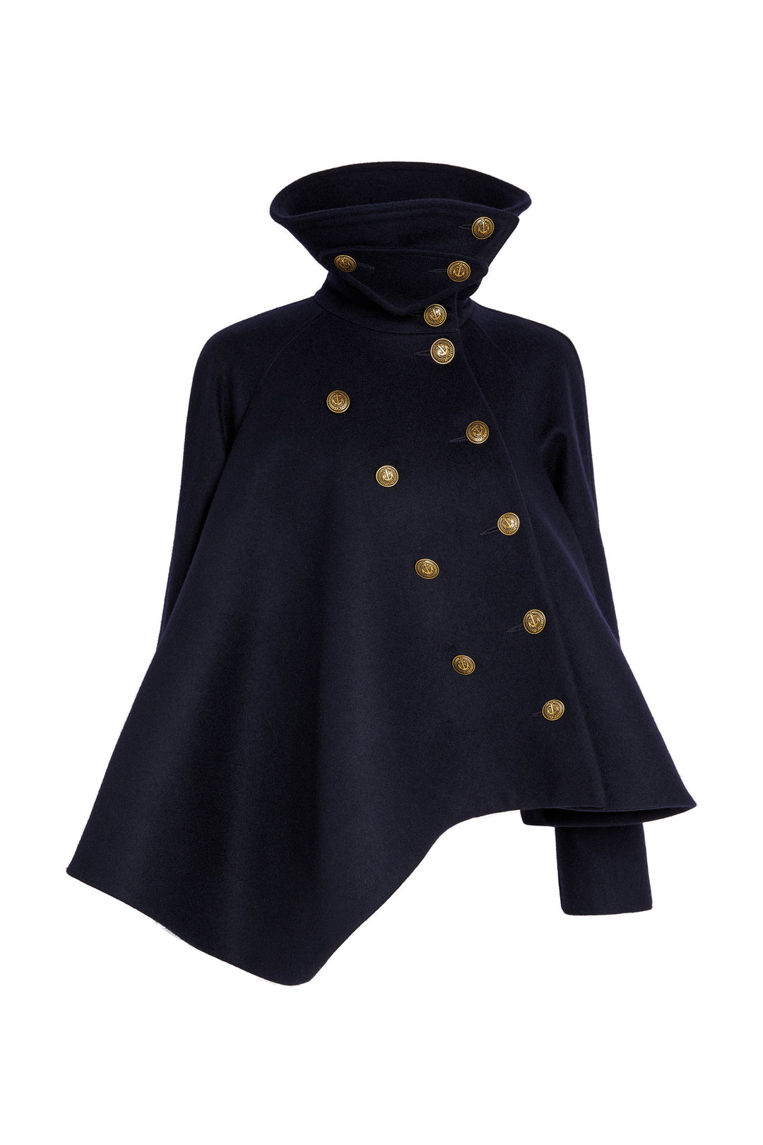 Flared Pea Coat With High Collar With Gold Buttons Navy