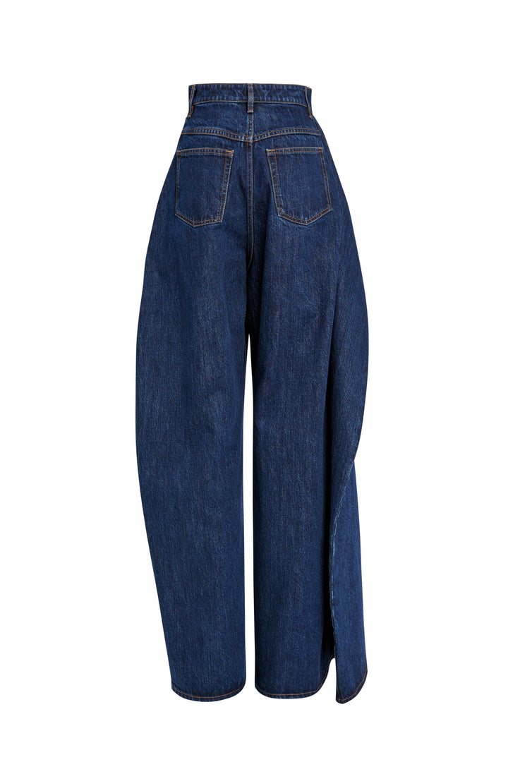 Asymmetric Voluminous Jeans With Pleats Classic Blue Wash