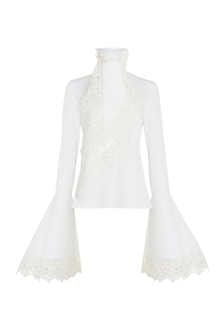 Victorian Style High Collar Top With Jabot White