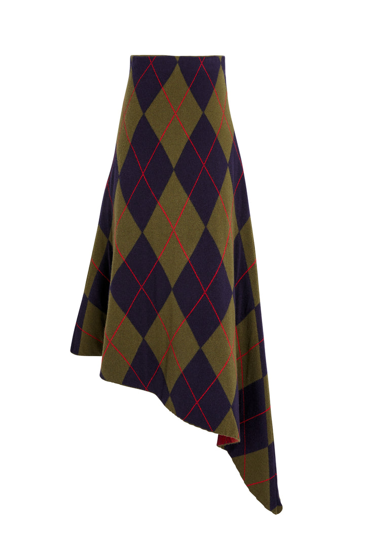 Knitted High Waisted Asymmetric Skirt Navy Green Red