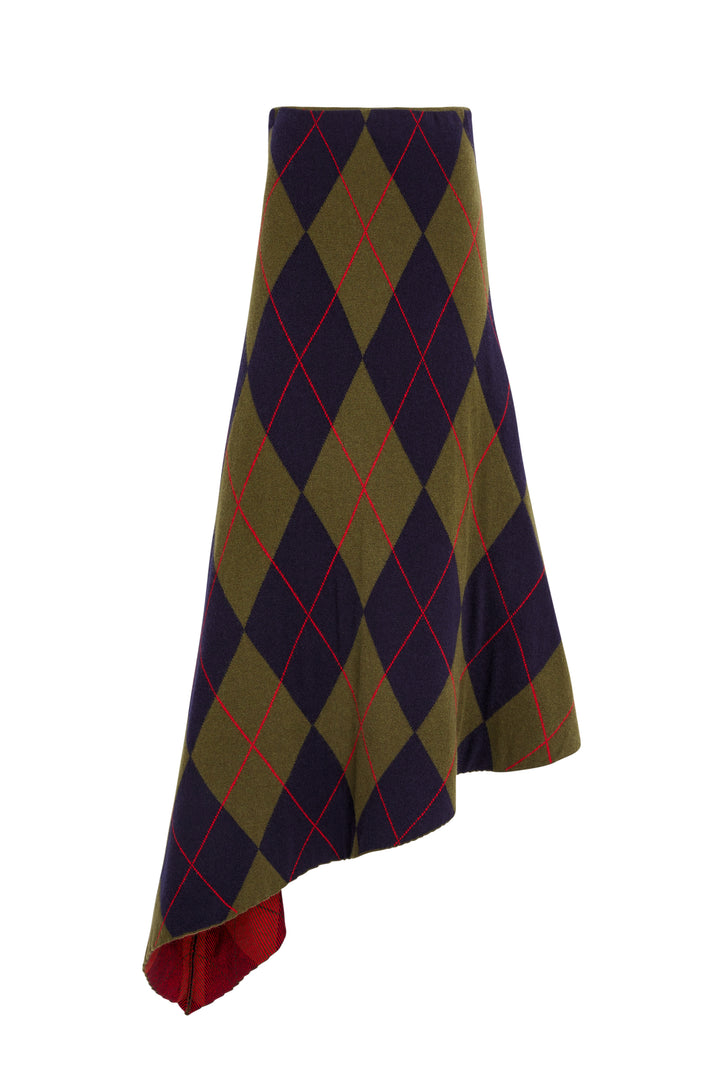 Knitted High Waisted Asymmetric Skirt Navy Green Red