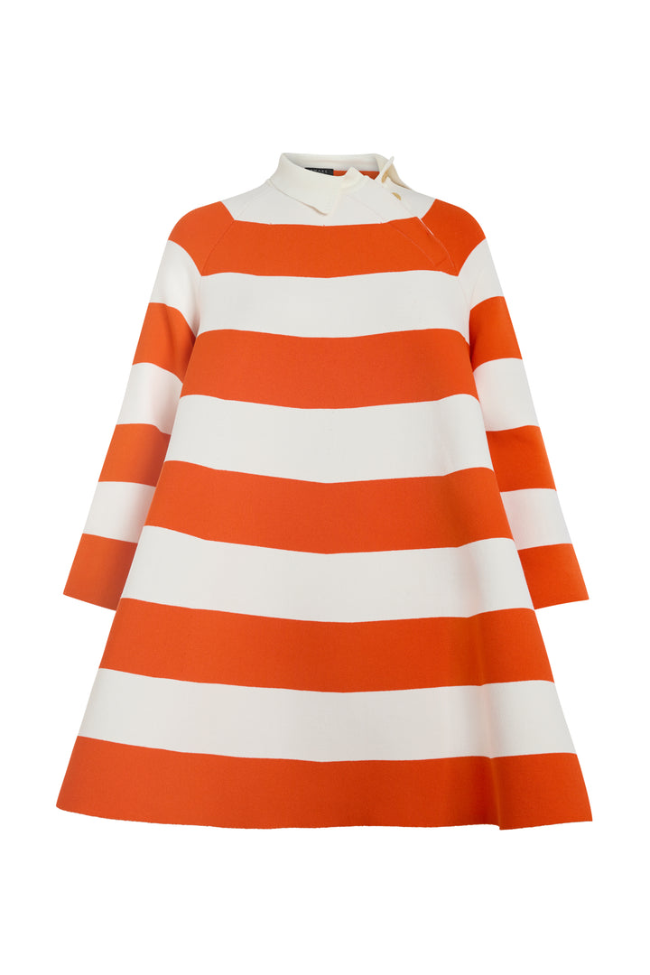 Knitted Flared Mini Dress With Asymmetric Collar Red White Striped