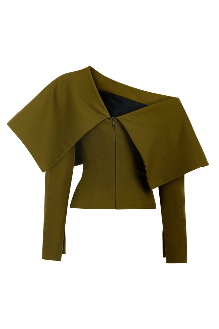 Back To Front Asymmetric Oversized Collar Top Khaki Green