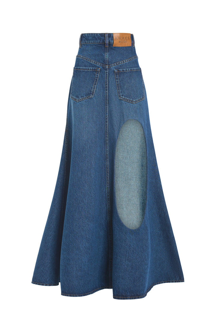 Flared Back To Front Skirt With Cutout Classic Blue Wash