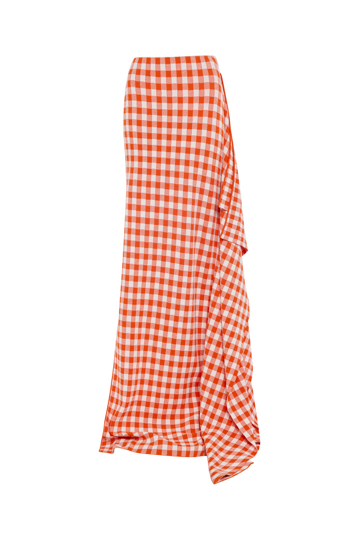 Knitted Fitted Maxi Skirt With Side Panel Red White Gingham