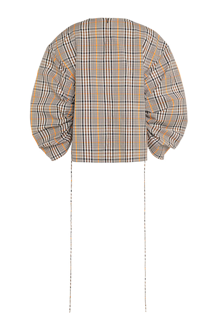 Drawstring Sleeve Top Brown Check