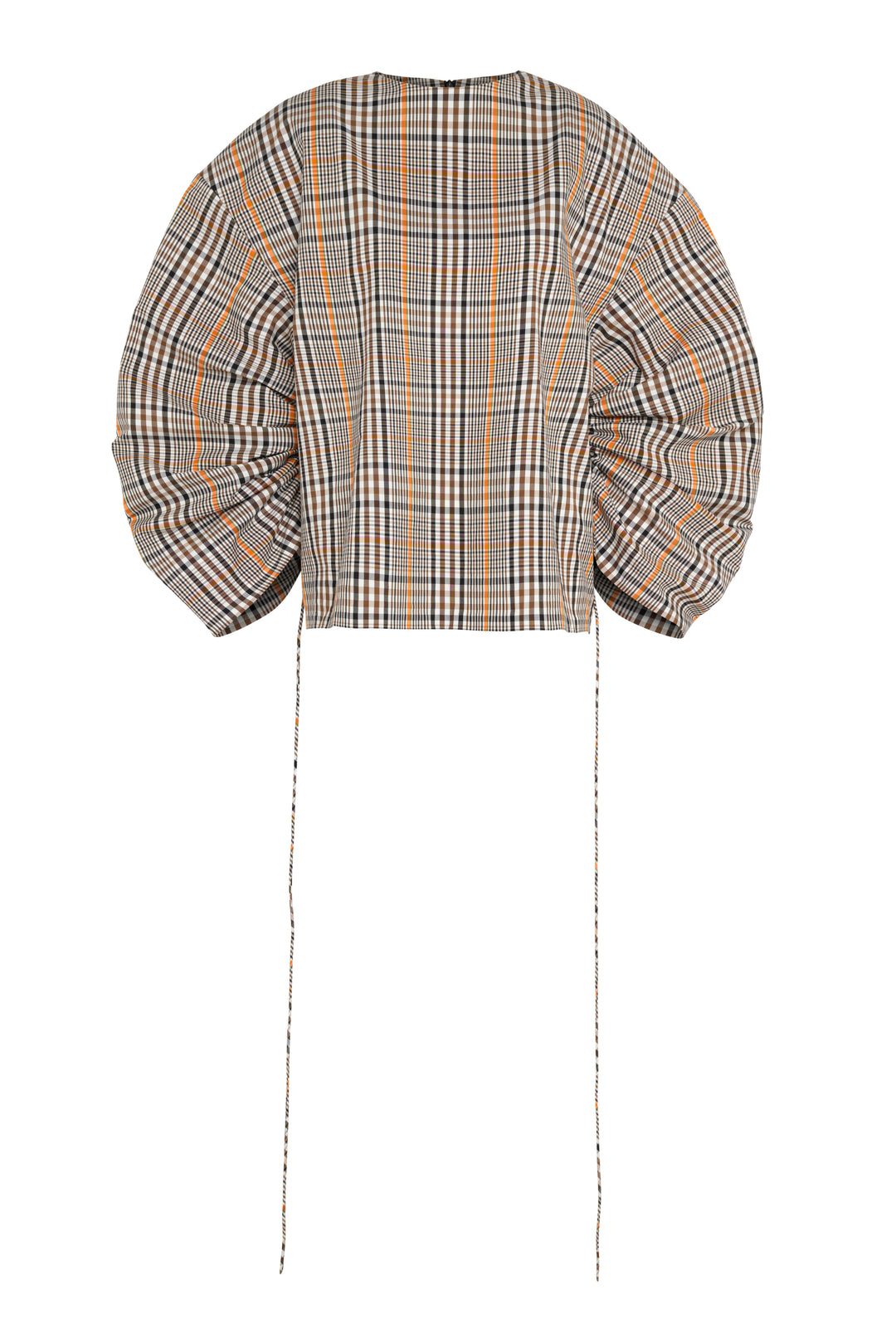 Drawstring Sleeve Top Brown Check