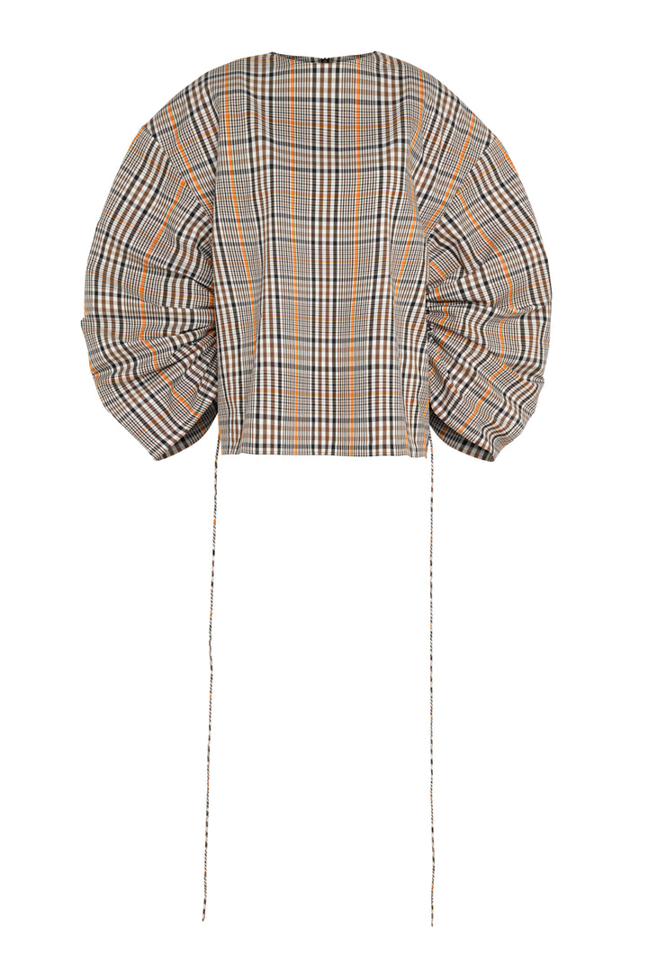 Drawstring Sleeve Top Brown Check