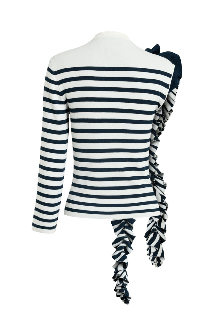 Knitted Fitted Top With Ruffle White Navy Striped