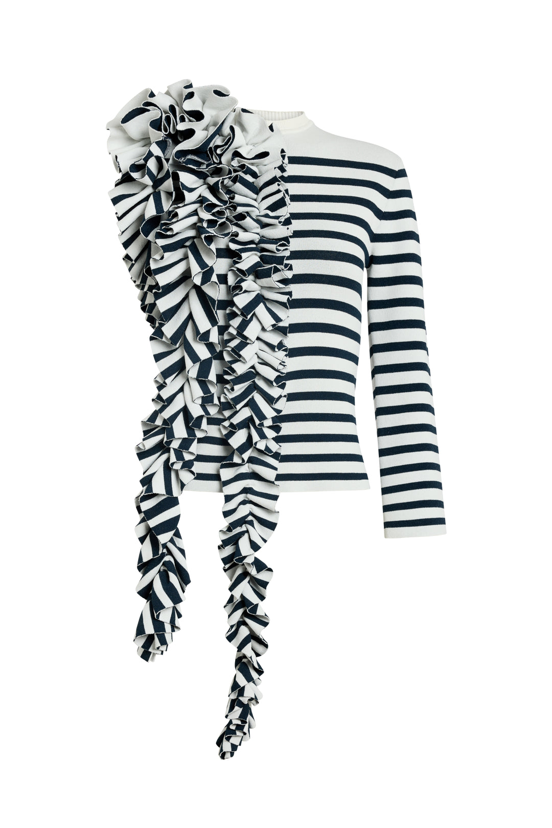 Knitted Fitted Top With Ruffle White Navy Striped