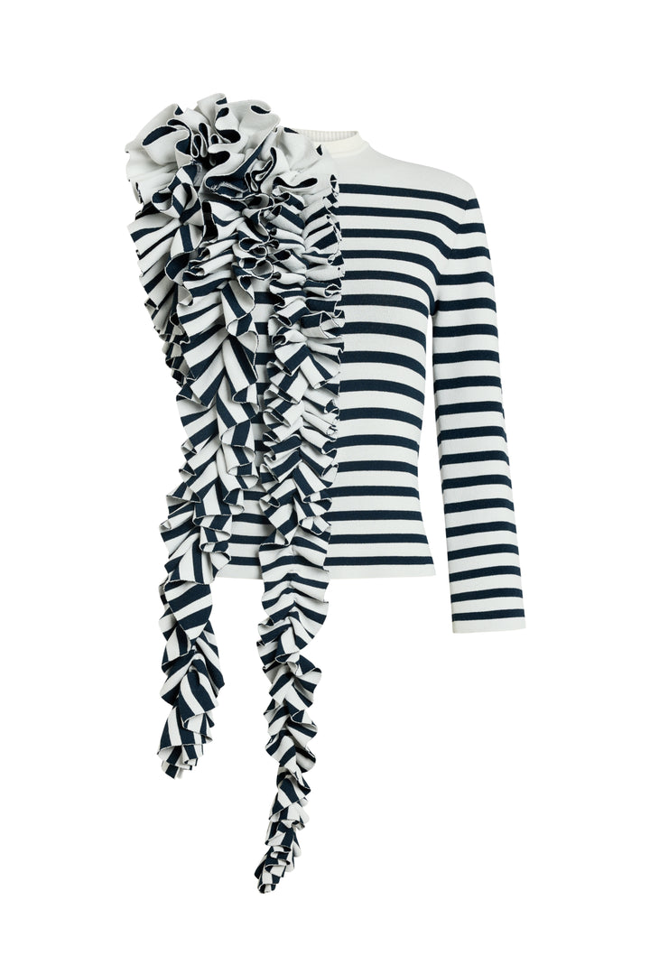 Knitted Fitted Top With Ruffle White Navy Striped