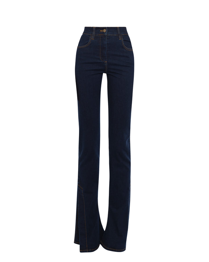 Fitted Stretch Flared Jeans With Side Slits Indigo Rinse Wash