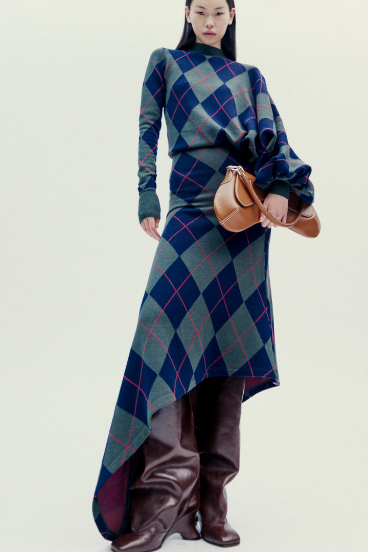 Argyle Knitted Dress Navy Green | Luxury Womenswear