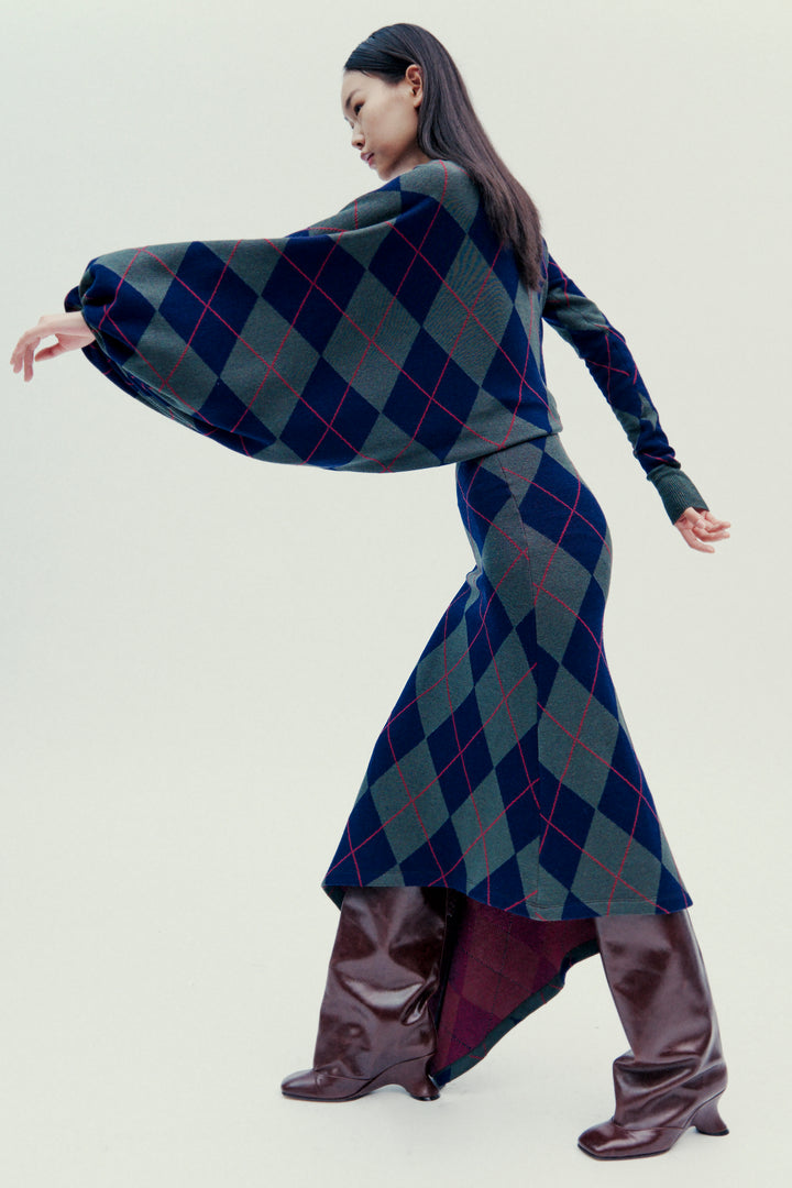 Argyle Knitted Dress Navy Green Argyle