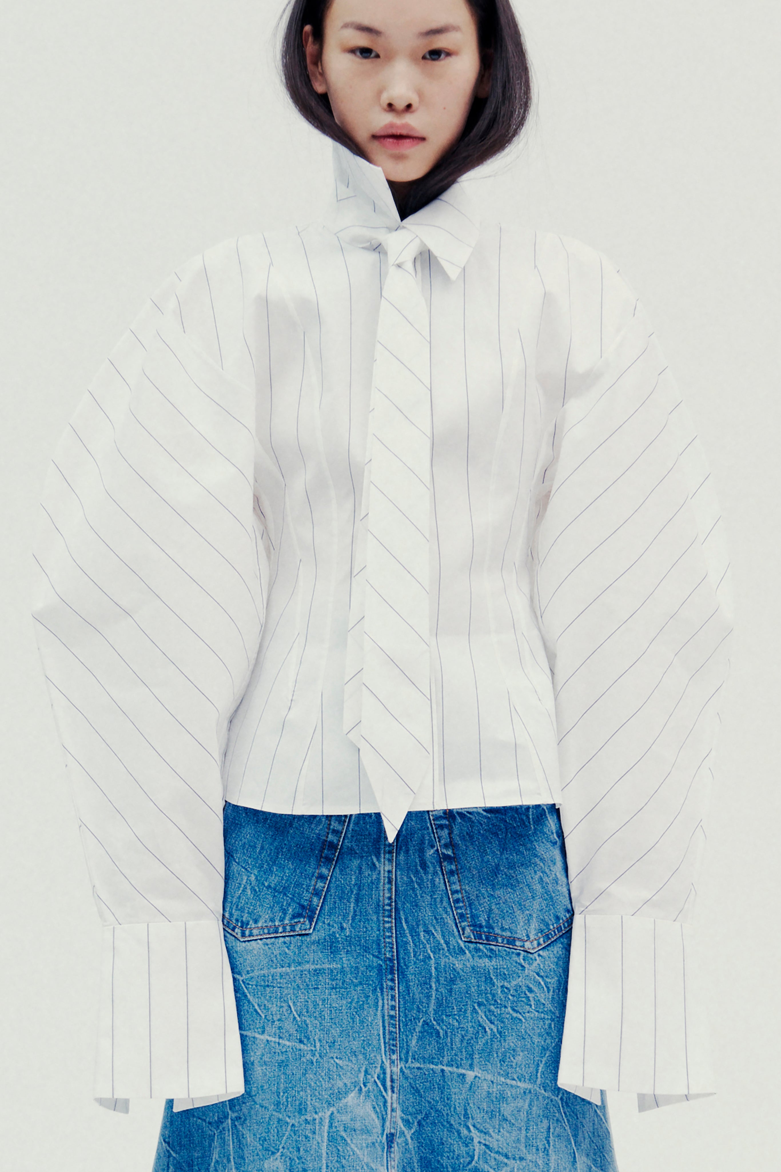 Puff Sleeve Shirt White Stripe | Luxury Womenswear | A.W.A.K.E
