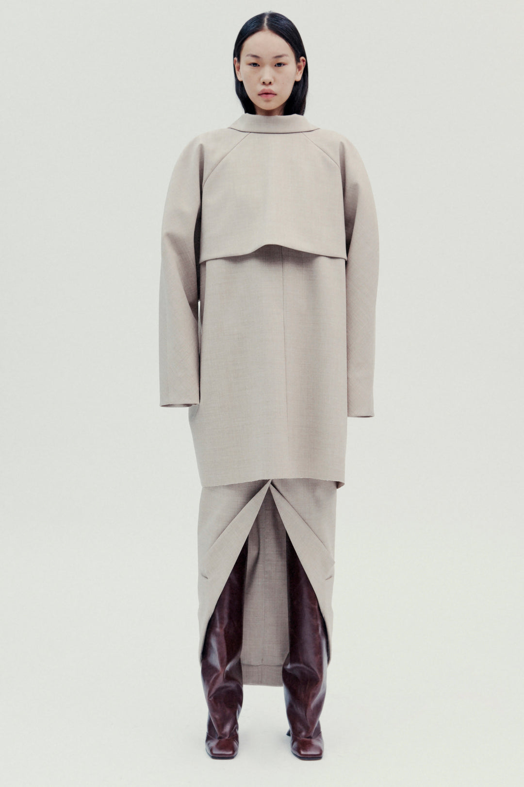 Tailored Skirt With Jacket Collar At Hem Beige Melange