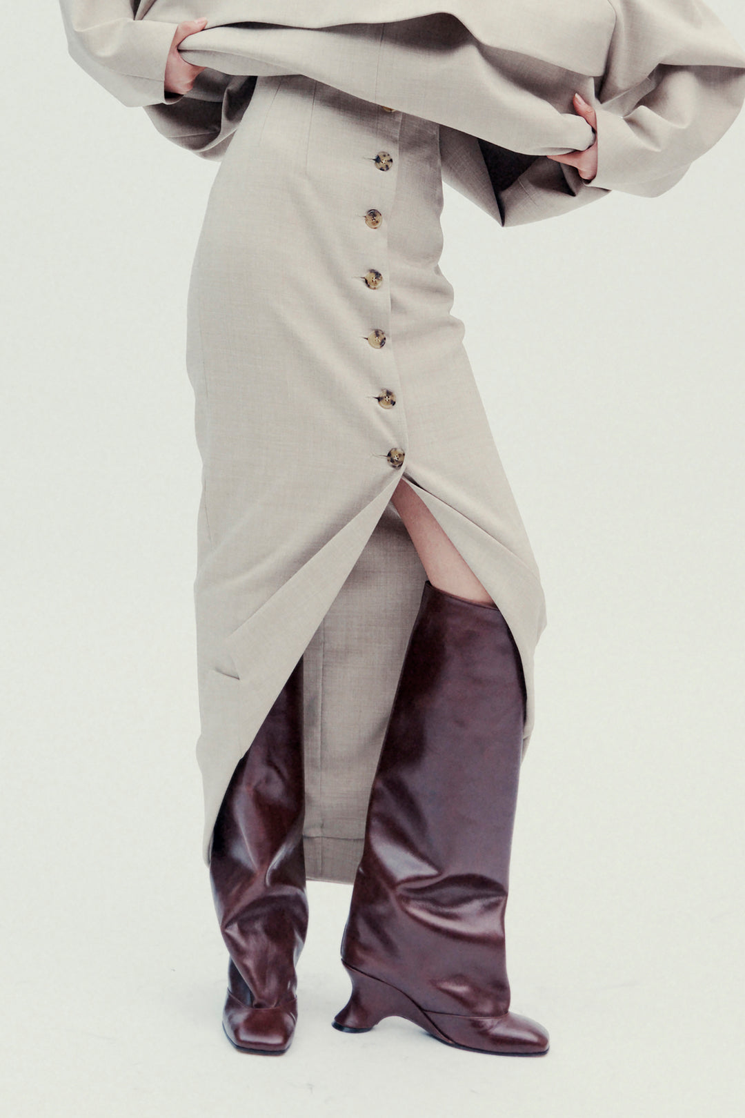 Tailored Skirt With Jacket Collar At Hem Beige Melange